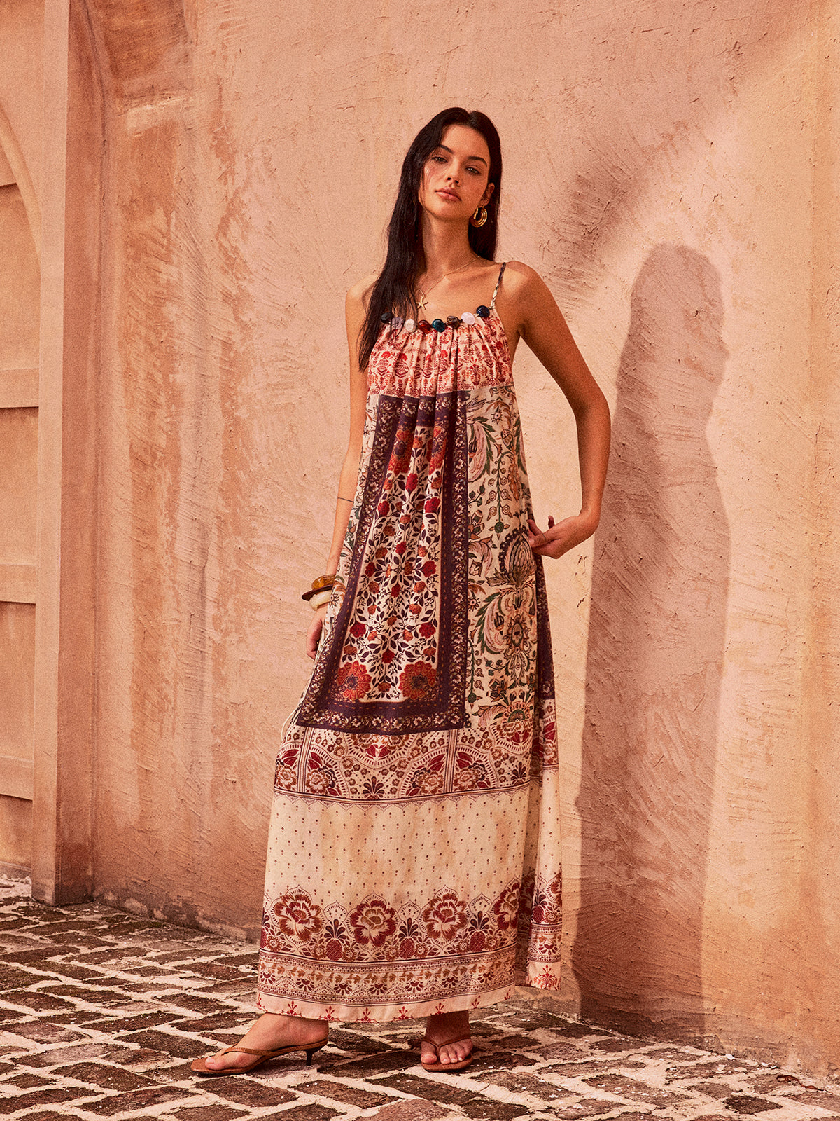 Paisley Printed Beaded Maxi Dress-Chicvia