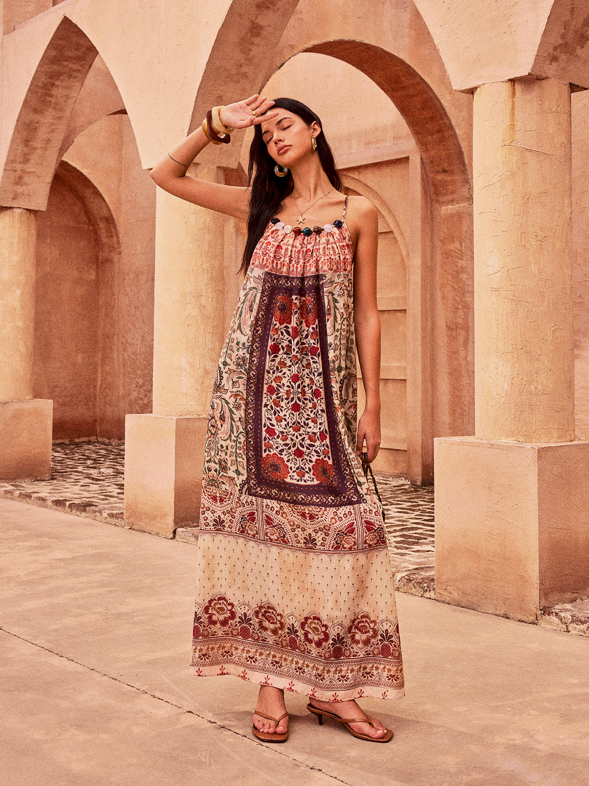 Paisley Printed Beaded Maxi Dress-Chicvia