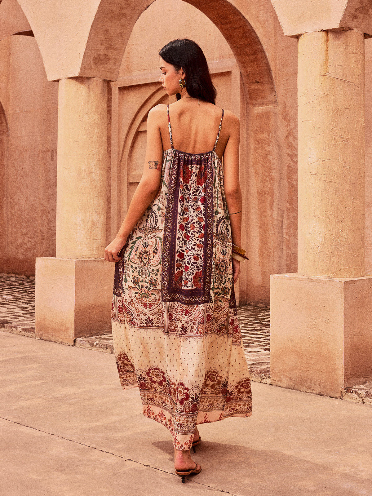 Paisley Printed Beaded Maxi Dress-Chicvia