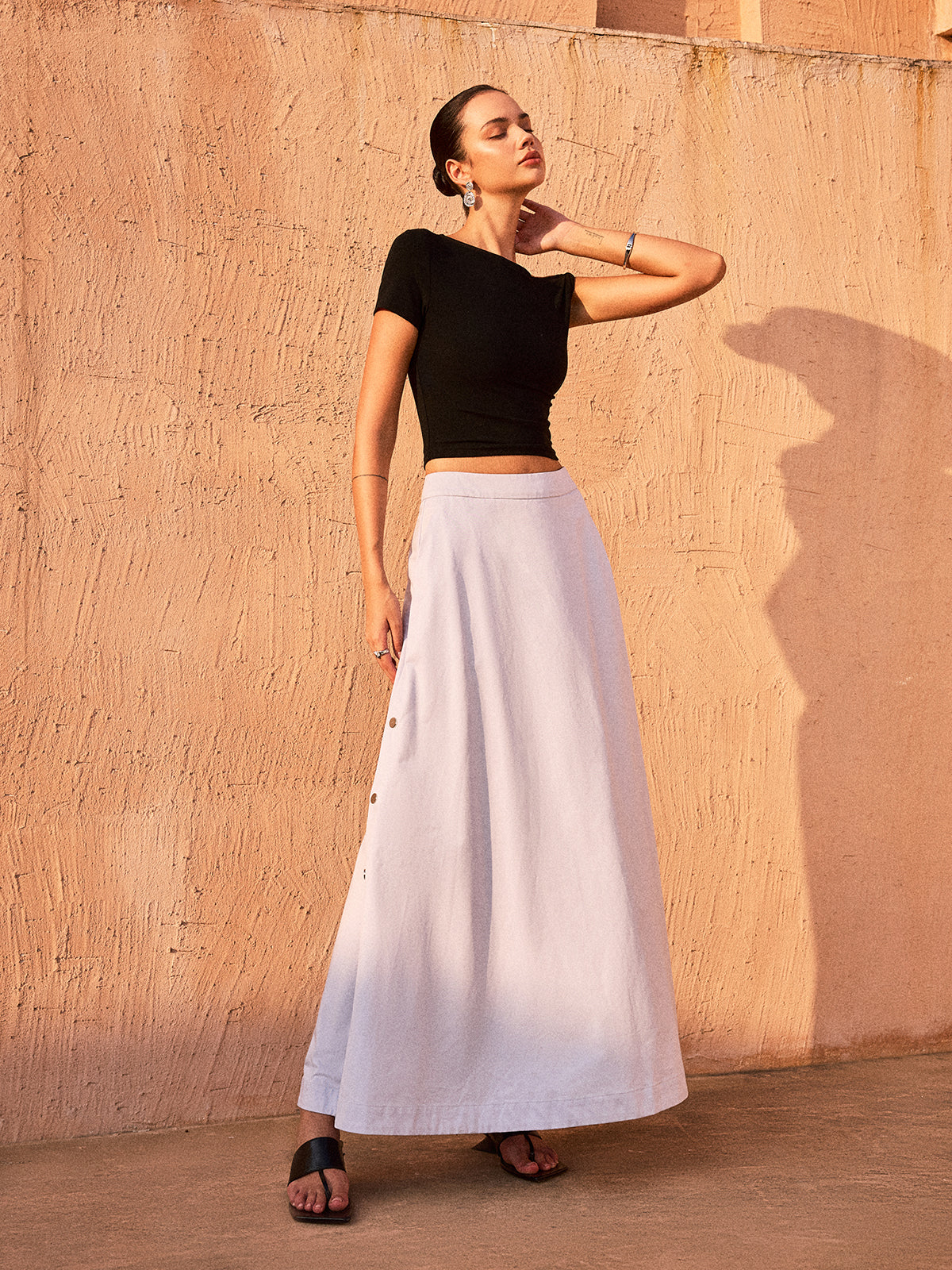 Button-Down Maxi Skirt-Chicvia