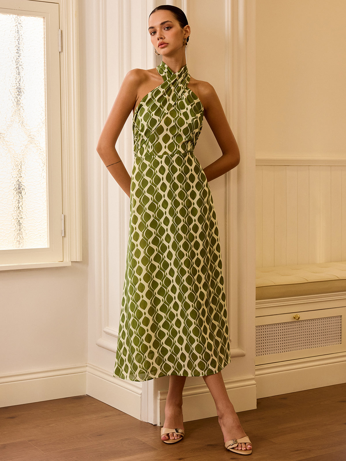 Halter Neck Printed Midi Dress-Chicvia