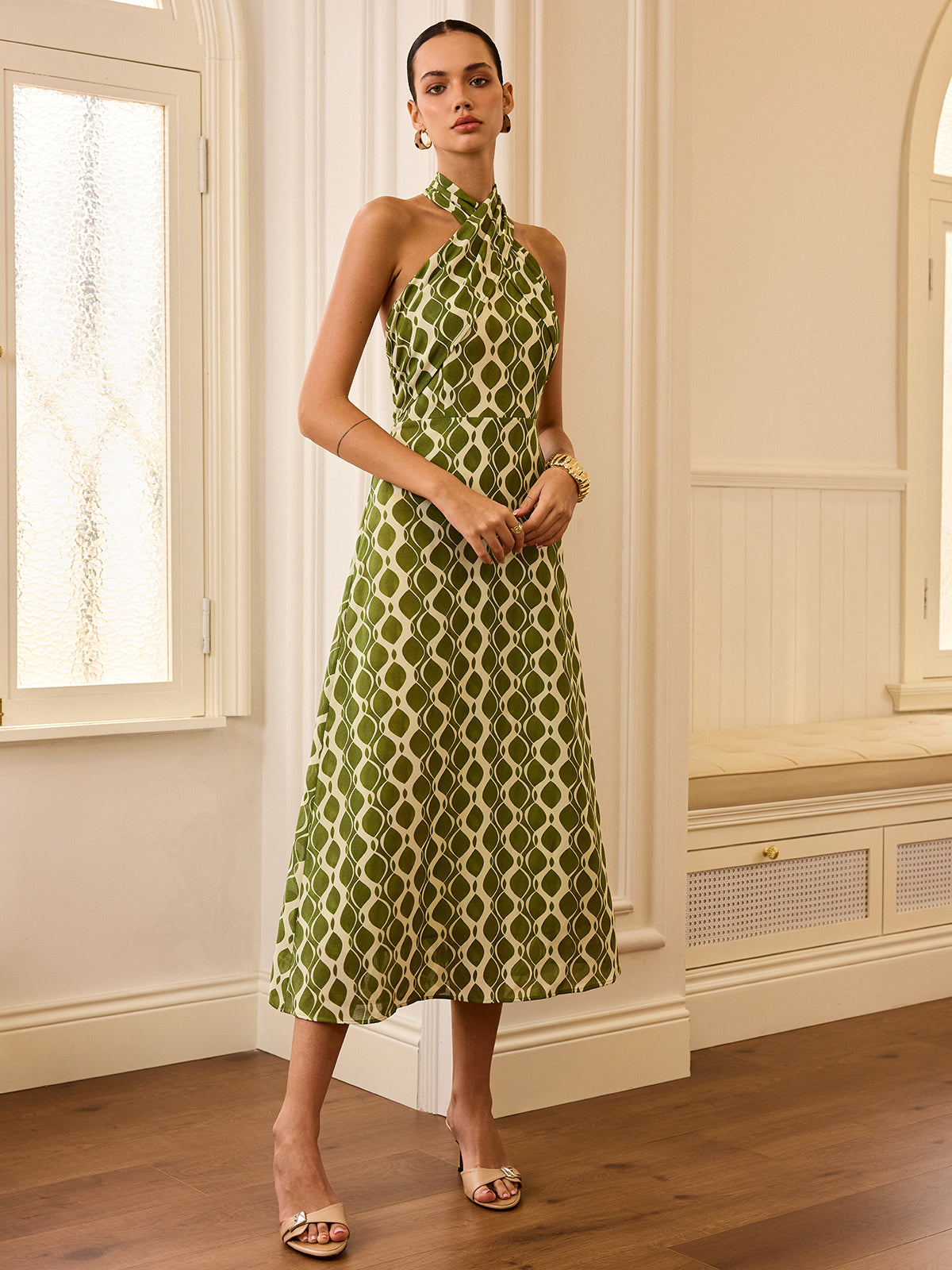 Halter Neck Printed Midi Dress-Chicvia