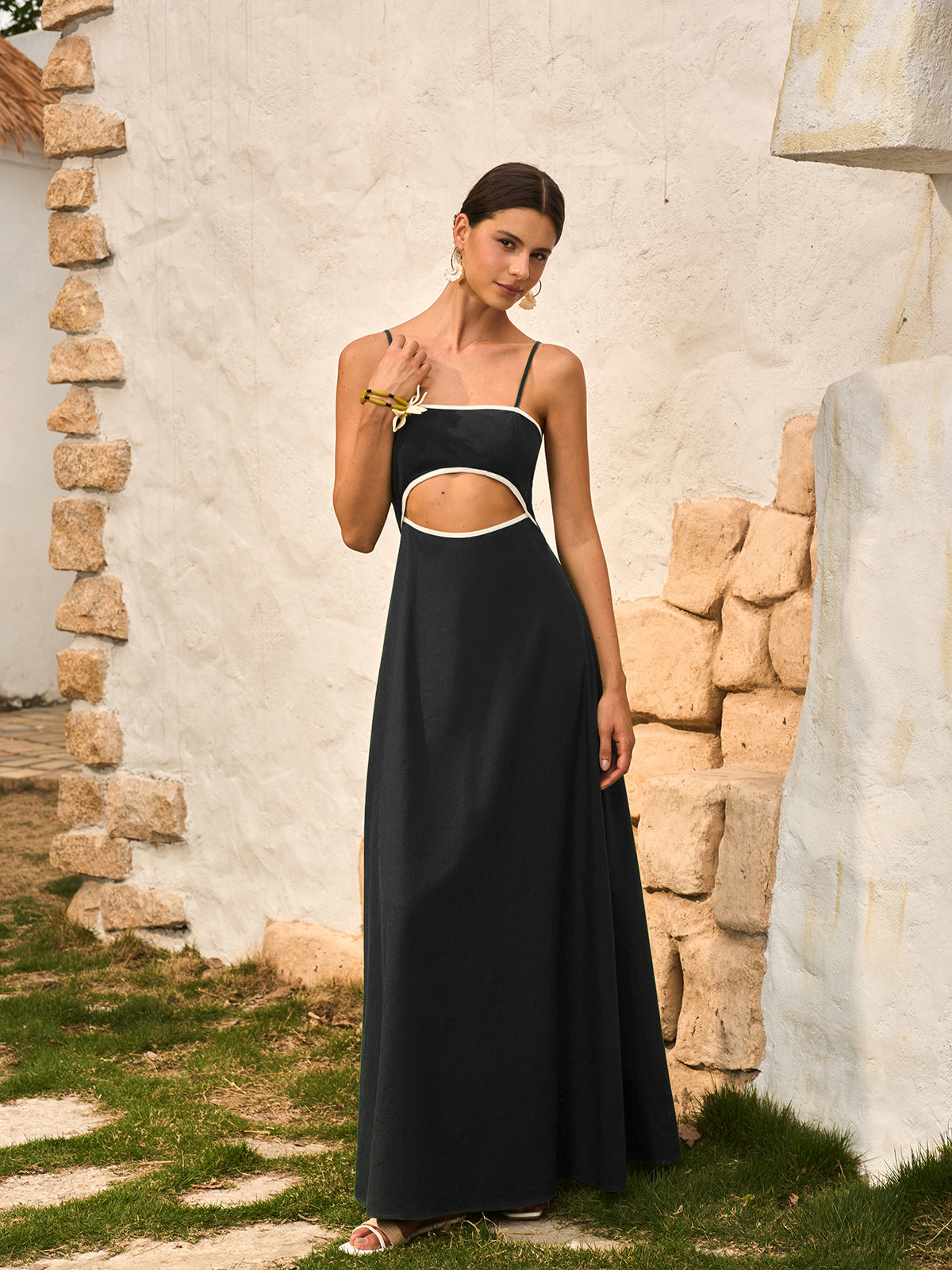 Cotton & Linen Cut-Out Dress With Back Bow-Chicvia