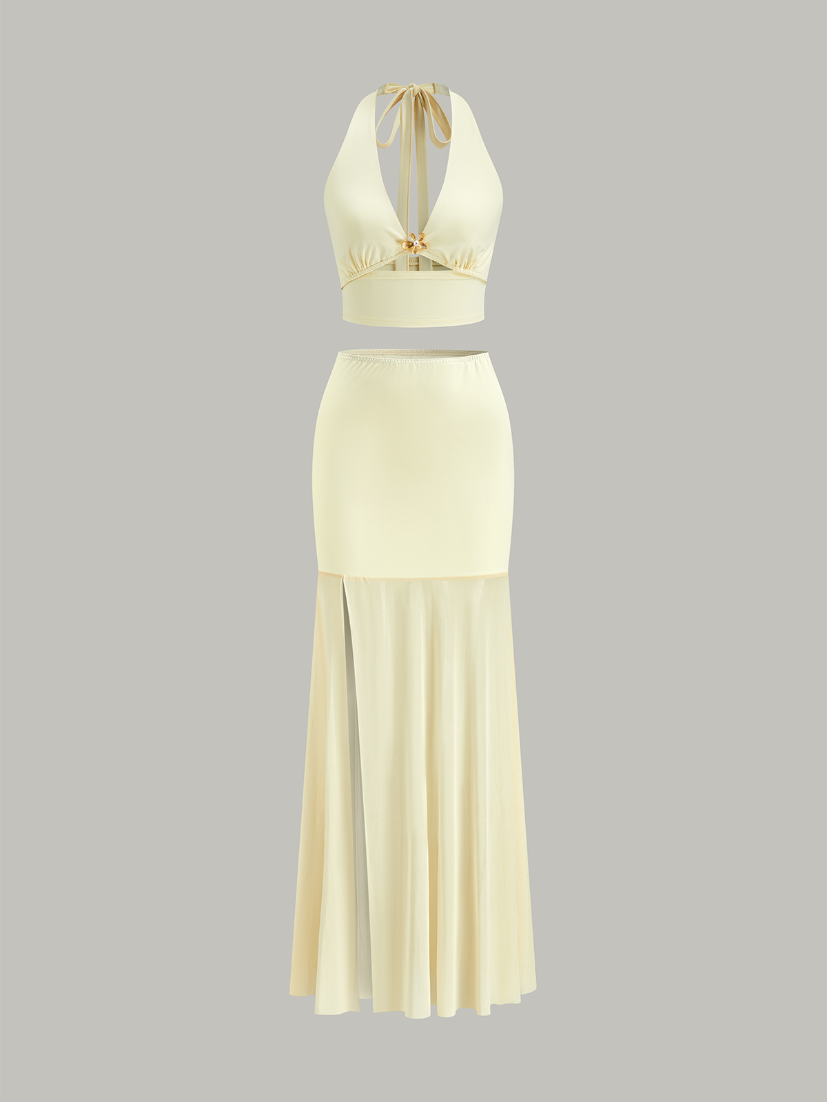 Halter Neck Crop Top and Mesh Paneled Skirt Set-Chicvia