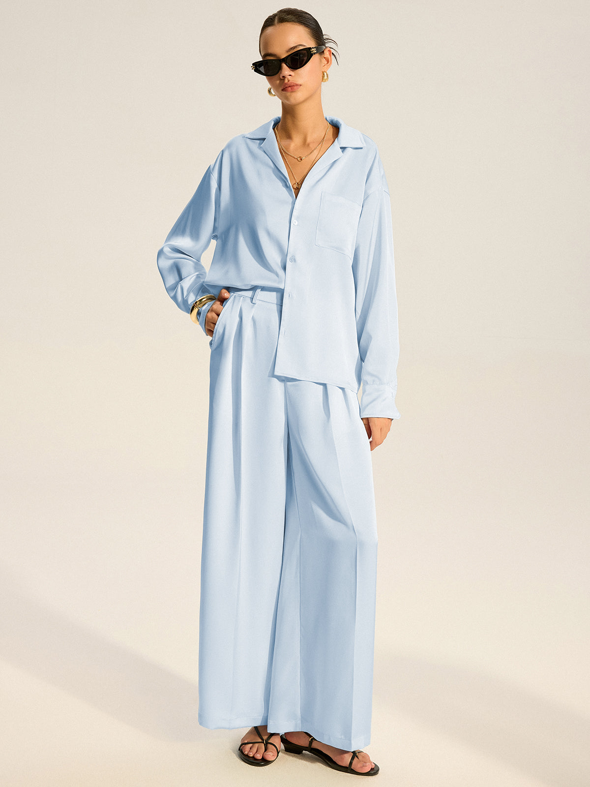 Oversized Pocket Satin Shirt and Pleated Pants Set-Chicvia