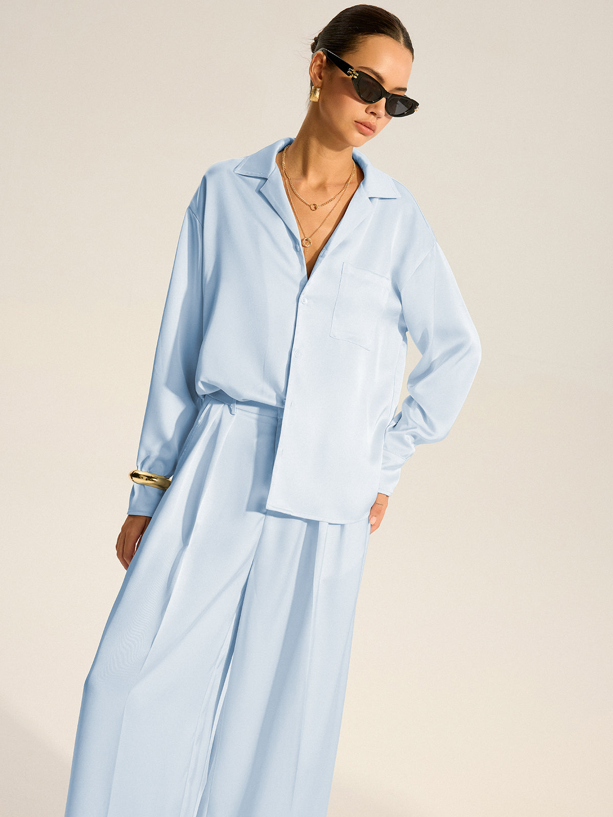 Oversized Pocket Satin Shirt and Pleated Pants Set-Chicvia