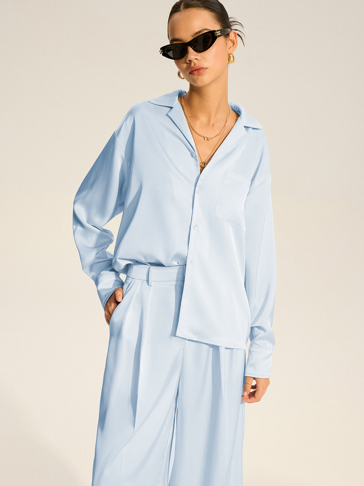 Oversized Pocket Satin Shirt and Pleated Pants Set-Chicvia