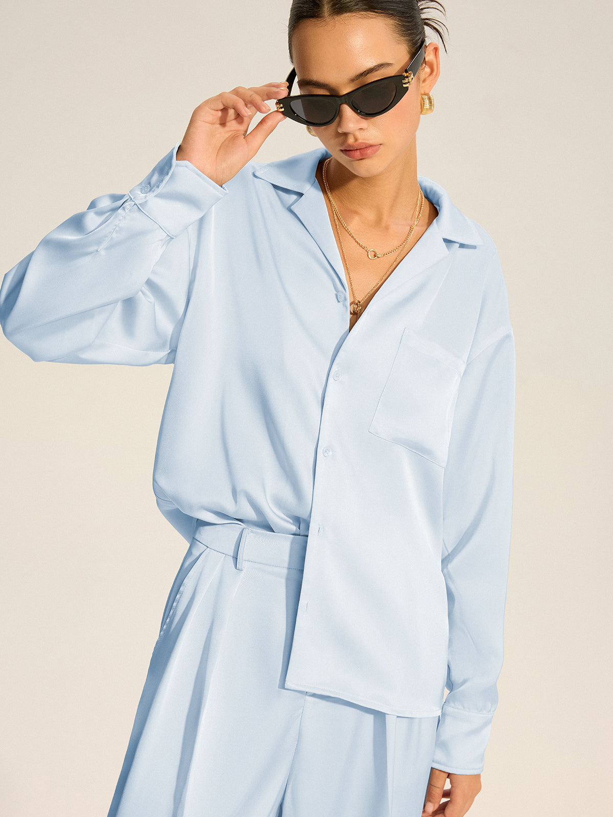 Oversized Pocket Satin Shirt and Pleated Pants Set-Chicvia