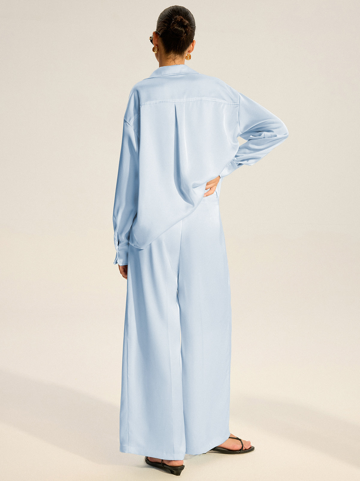 Oversized Pocket Satin Shirt and Pleated Pants Set-Chicvia