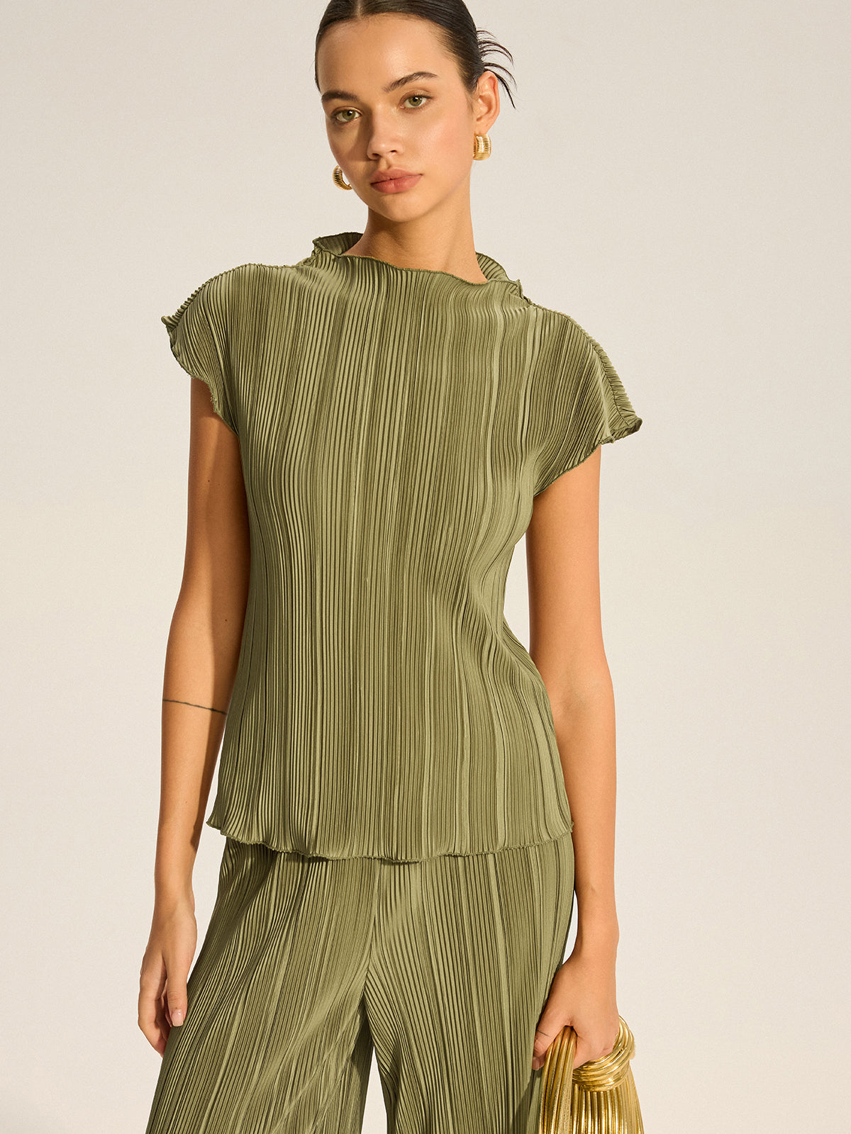 Pleated Top and Wide-Leg Pants Set-Chicvia