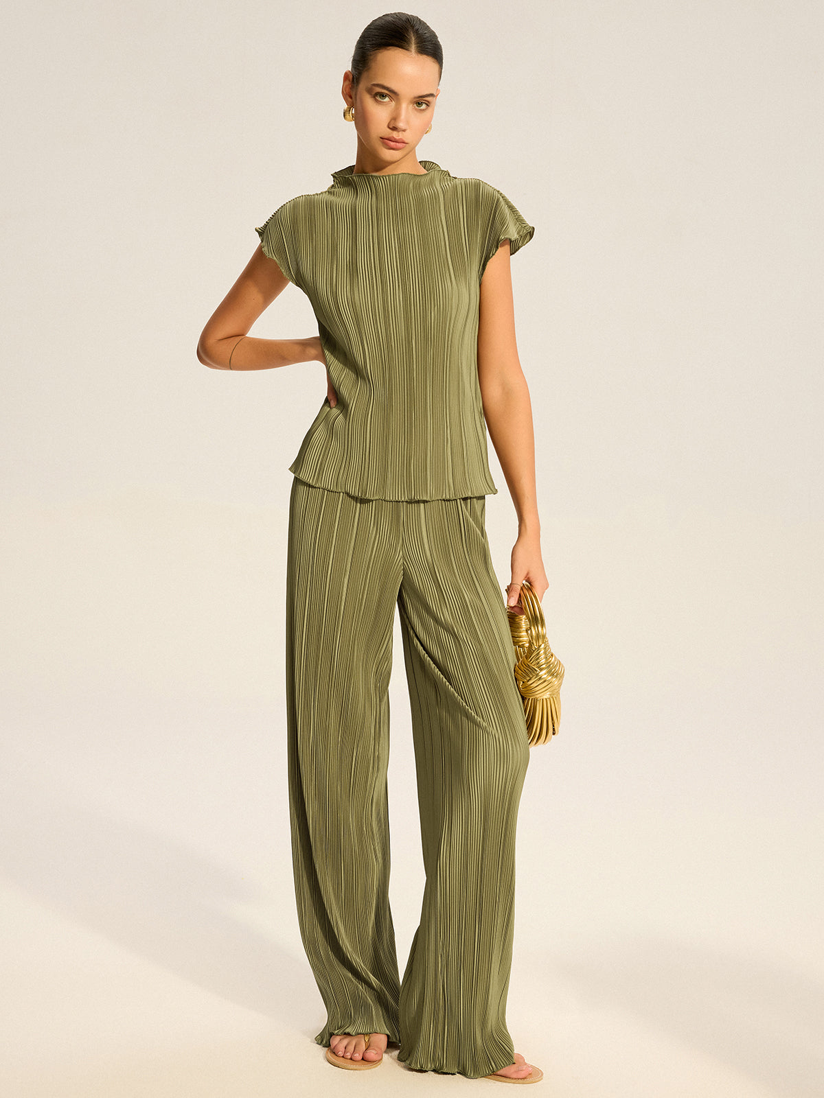 Pleated Top and Wide-Leg Pants Set-Chicvia