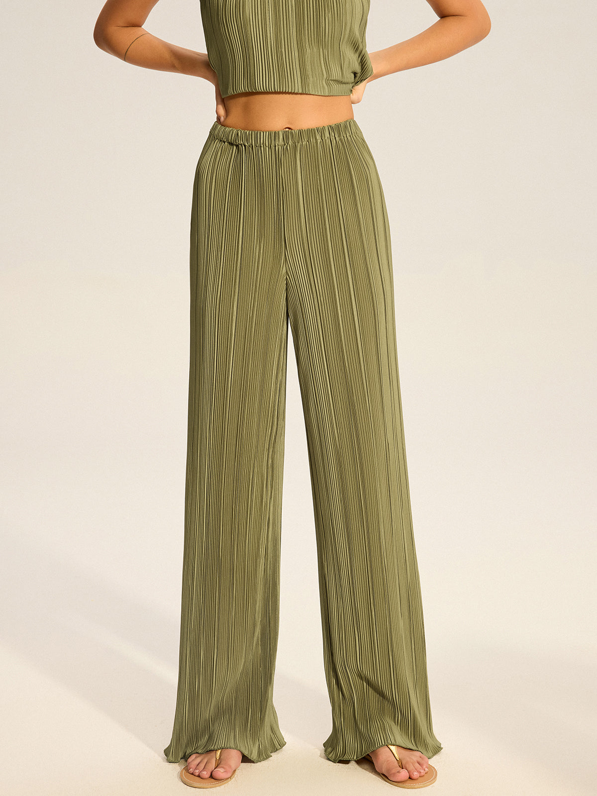 Pleated Top and Wide-Leg Pants Set-Chicvia