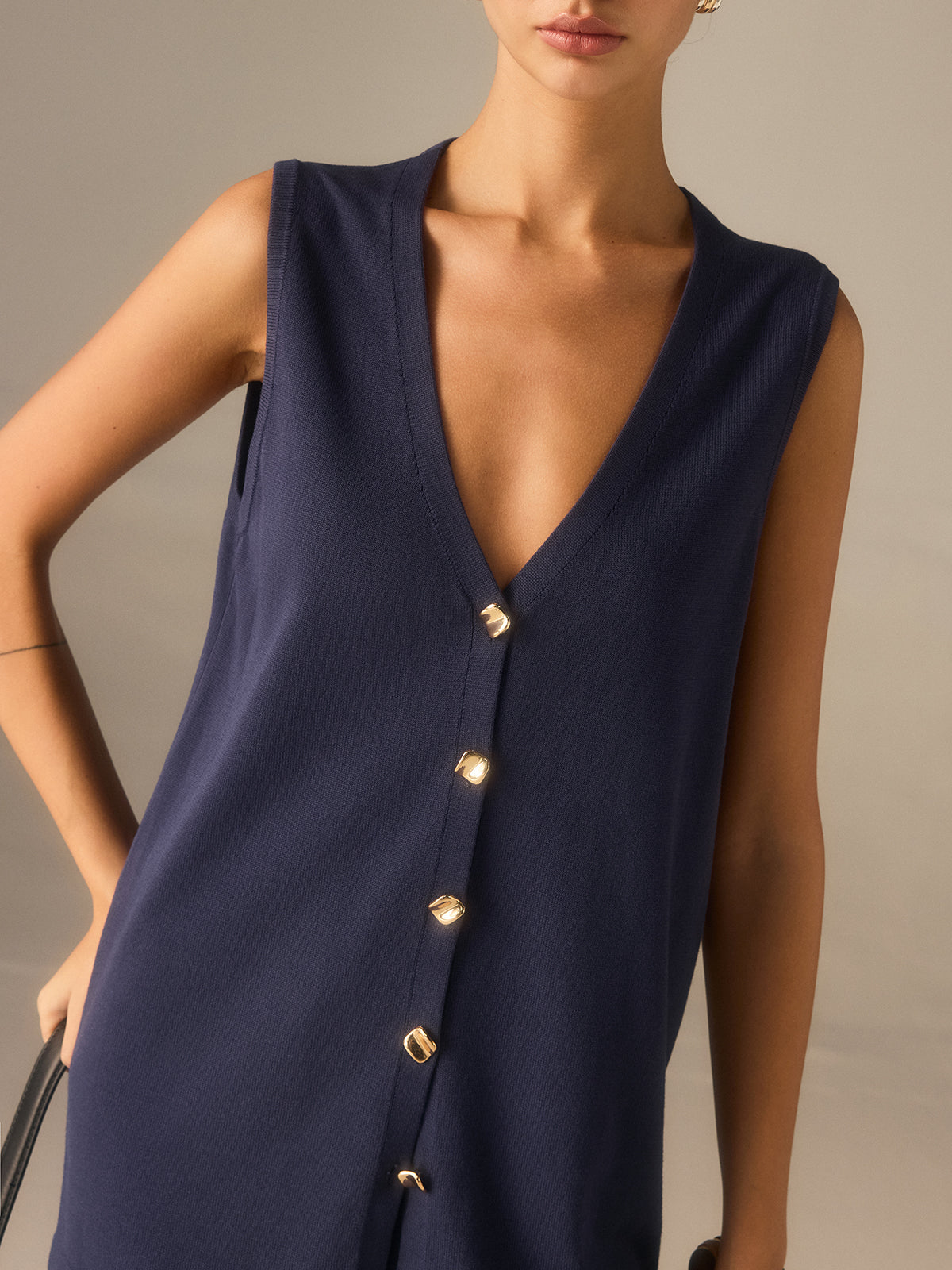 Golden Button Knit Vest Pants Set-Chicvia