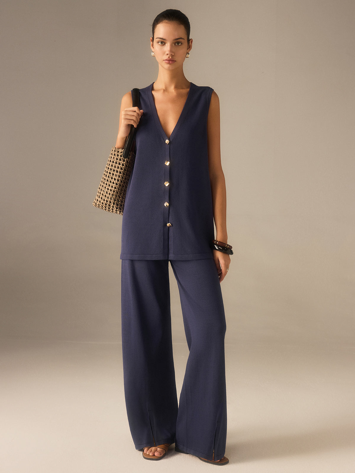 Golden Button Knit Vest Pants Set-Chicvia