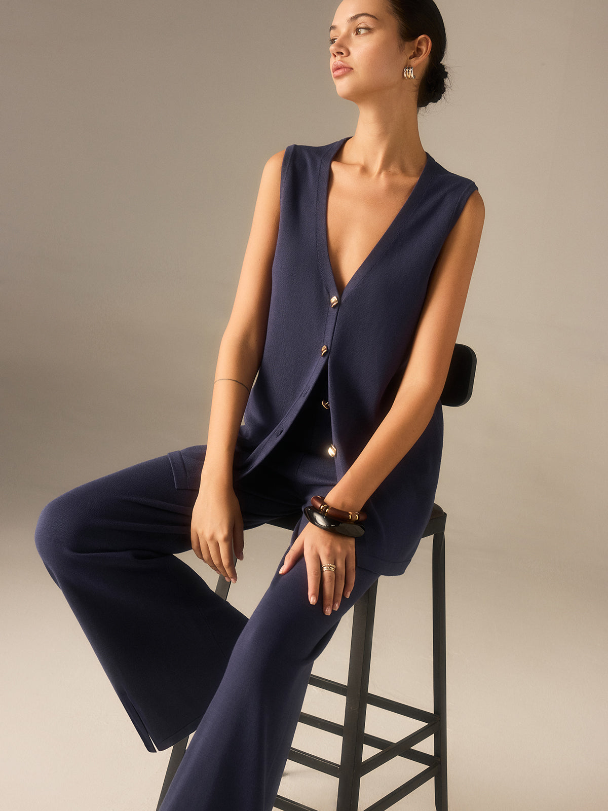 Golden Button Knit Vest Pants Set-Chicvia