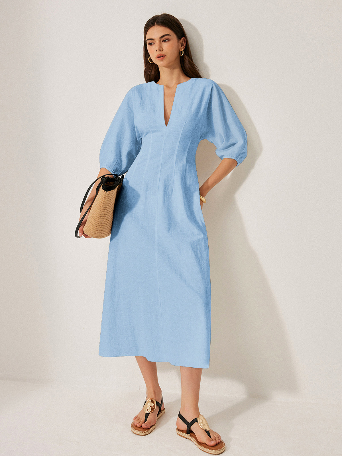 Cotton & Linen Puff Sleeve Dress Without Belt-Chicvia