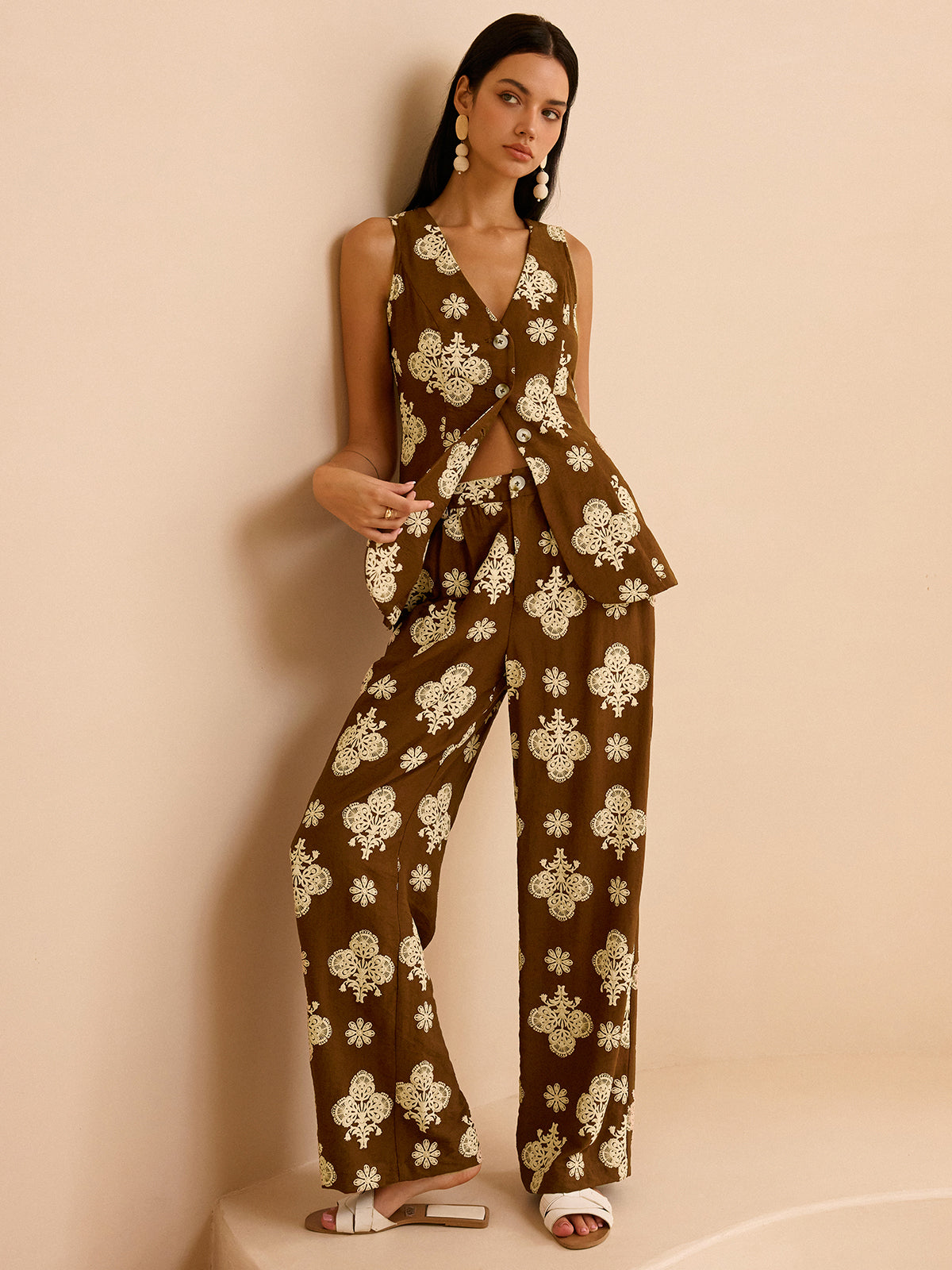 Floral Print Wide-Leg Pants Set-Chicvia