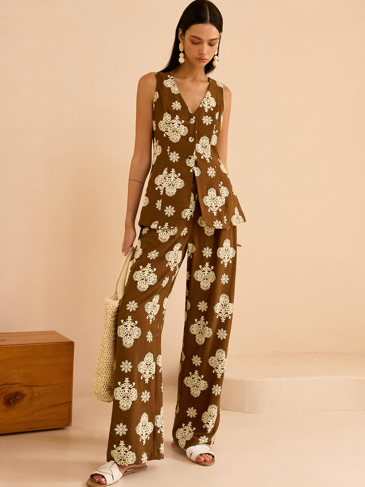 Floral Print Wide-Leg Pants Set-Chicvia