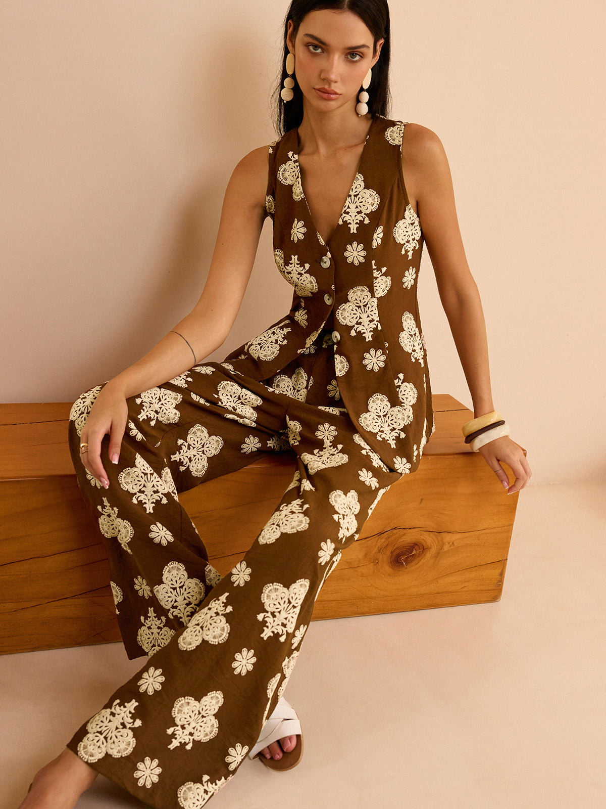 Floral Print Wide-Leg Pants Set-Chicvia
