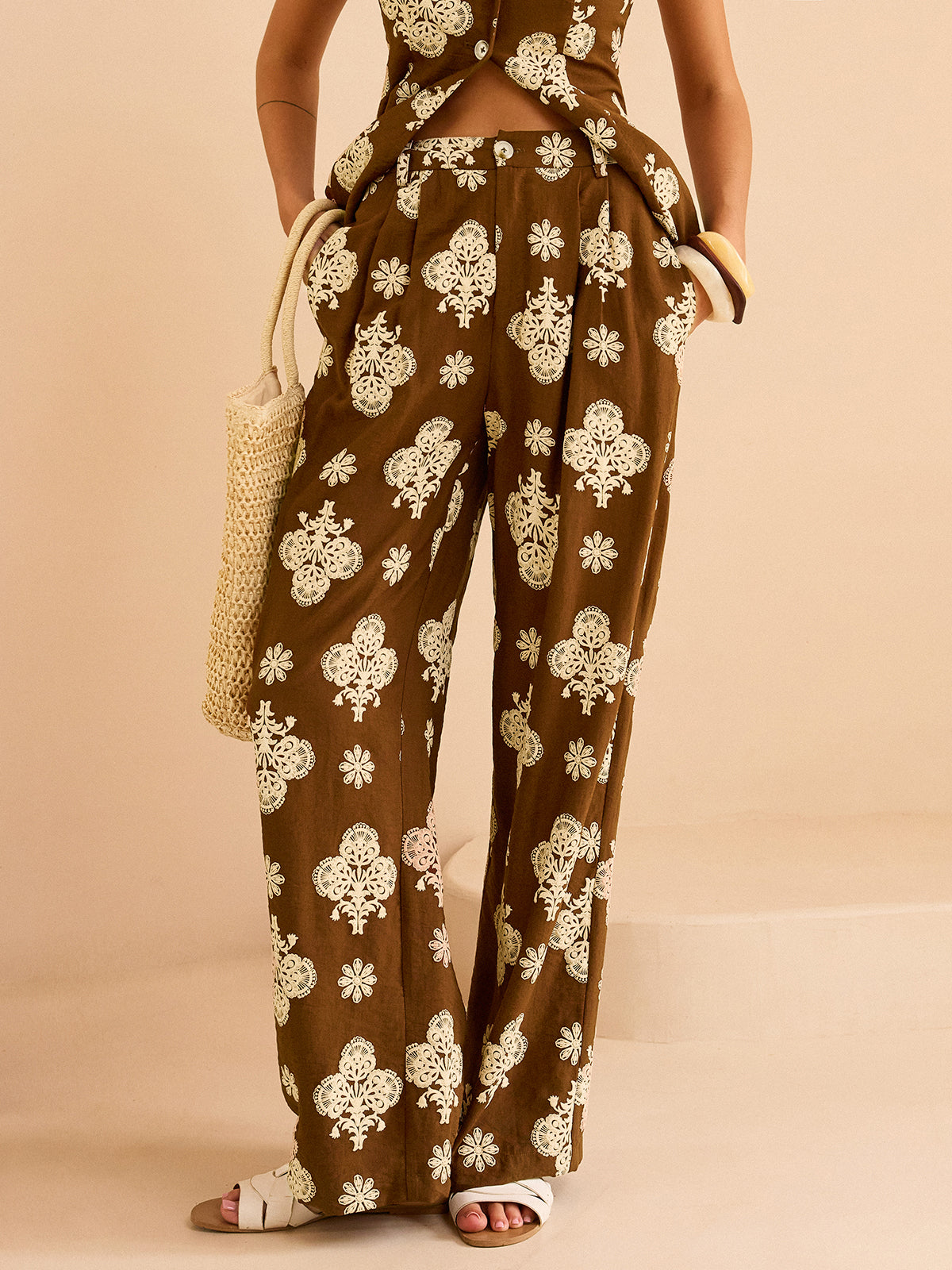 Floral Print Wide-Leg Pants Set-Chicvia