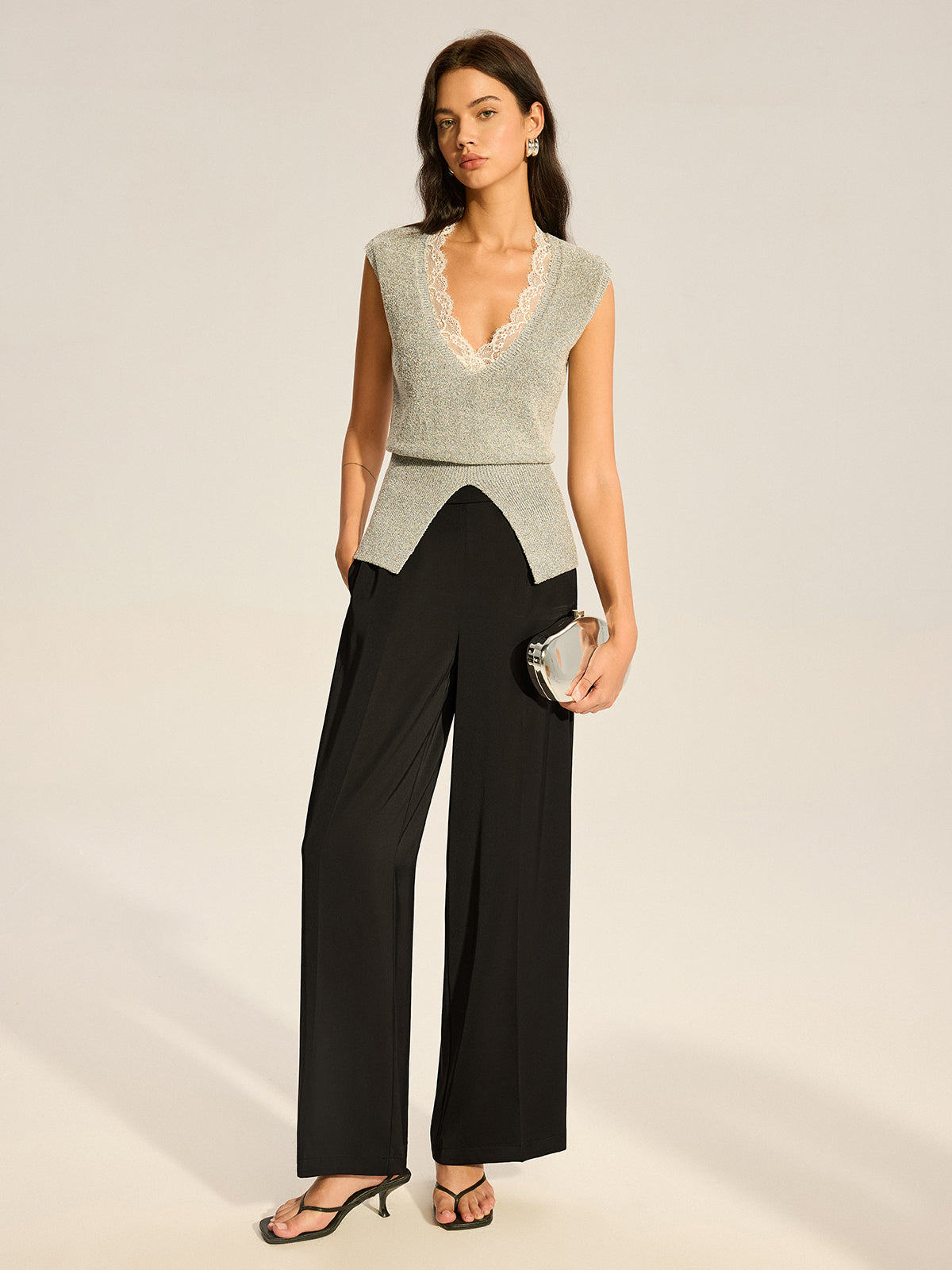 Lace-Trimmed Waist-Cinching Knitted Vest-Chicvia