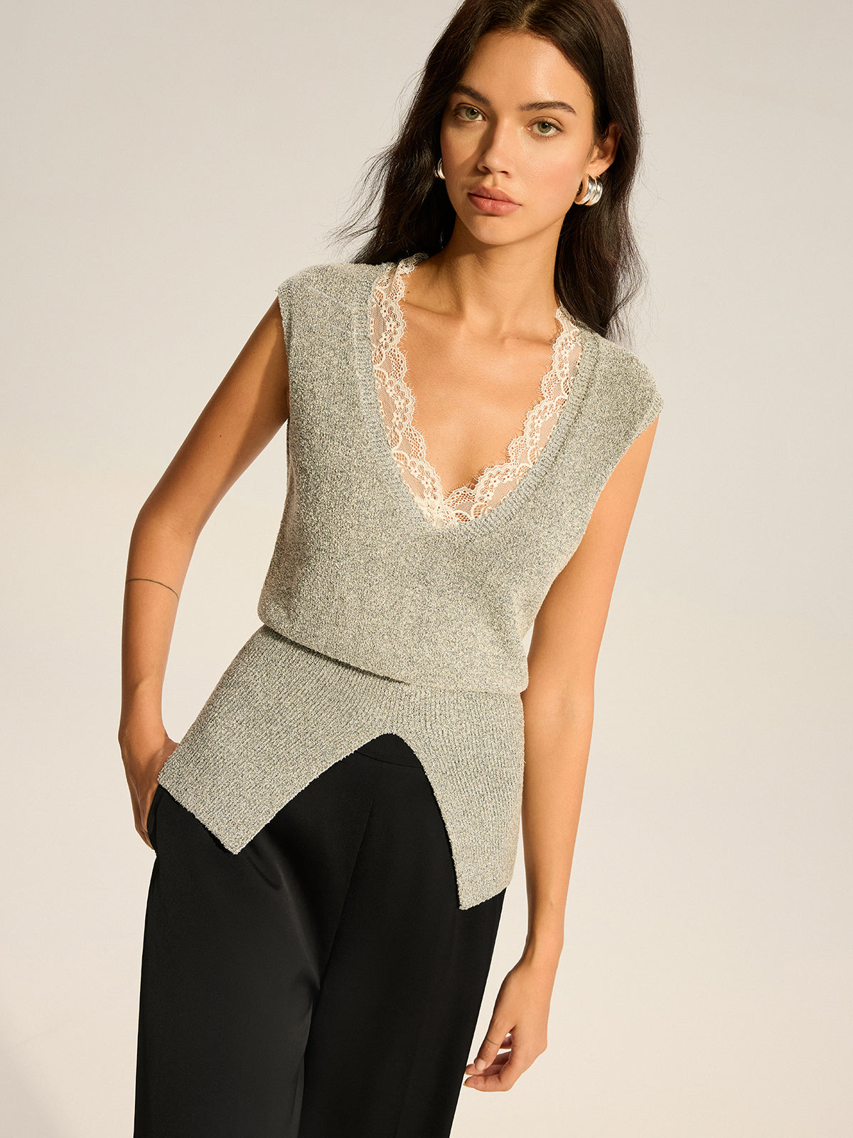 Lace-Trimmed Waist-Cinching Knitted Vest-Chicvia