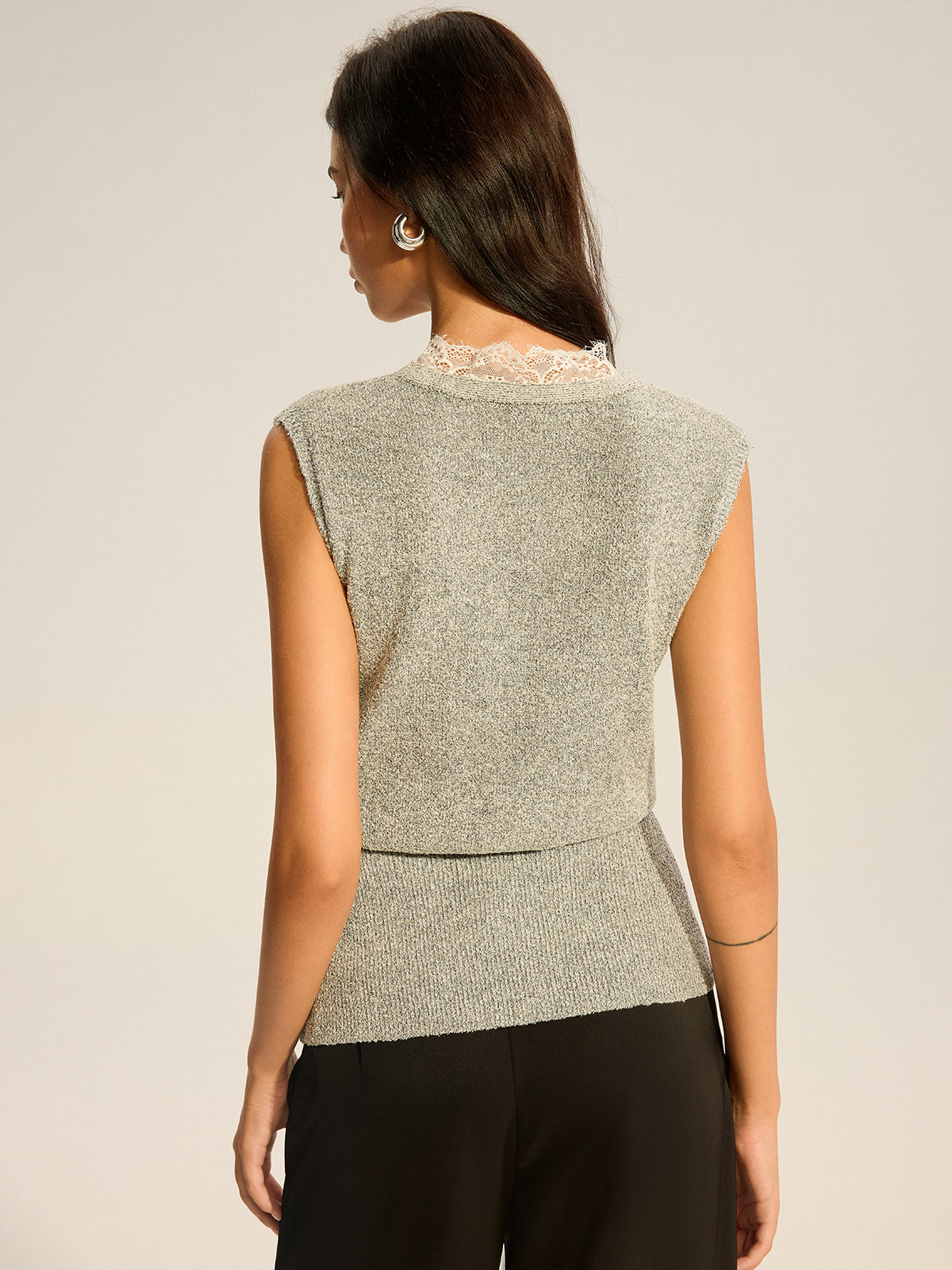 Lace-Trimmed Waist-Cinching Knitted Vest-Chicvia