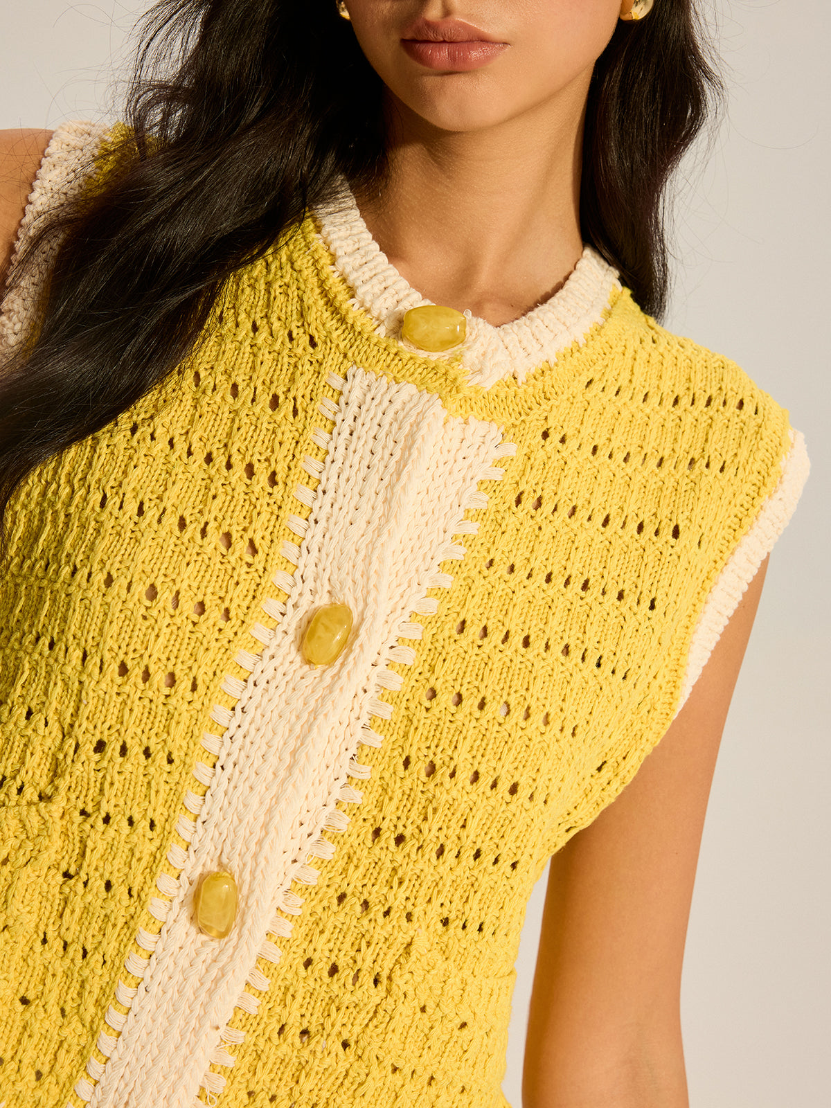 Crochet Knit Vest with Contrast Trim-Chicvia