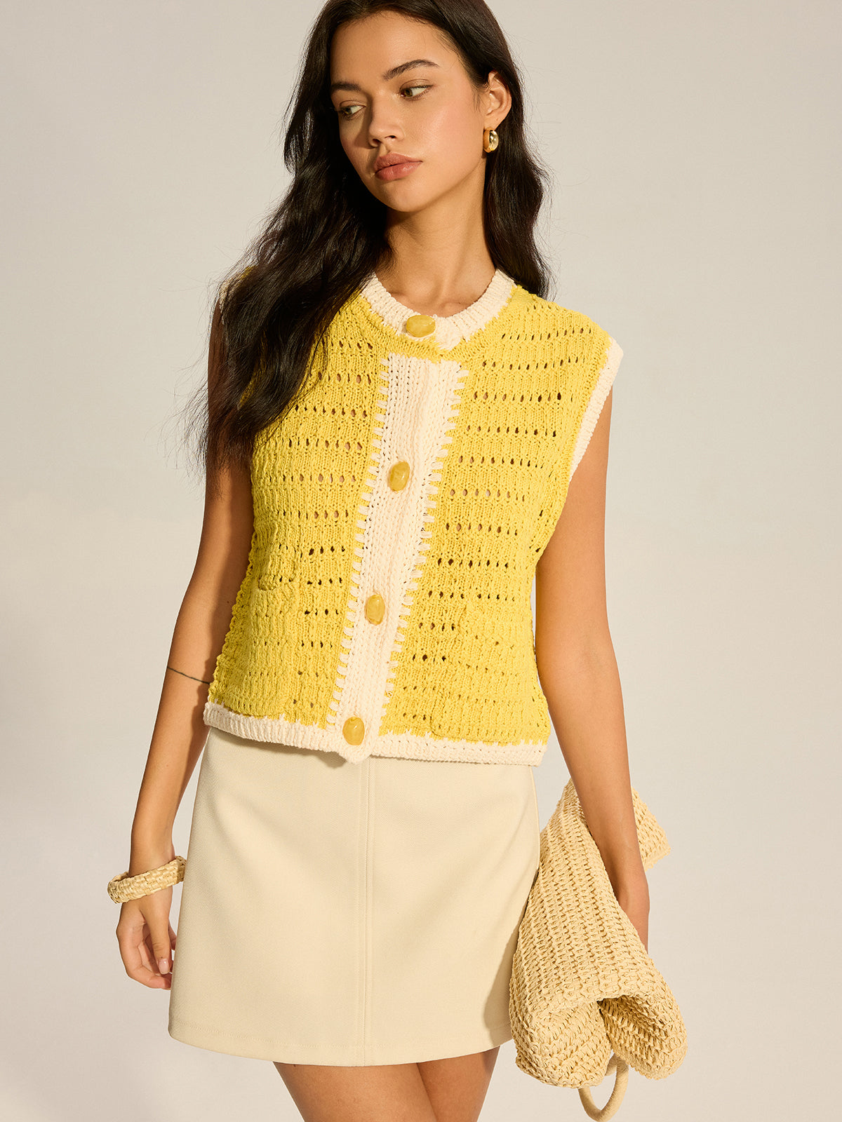 Crochet Knit Vest with Contrast Trim-Chicvia