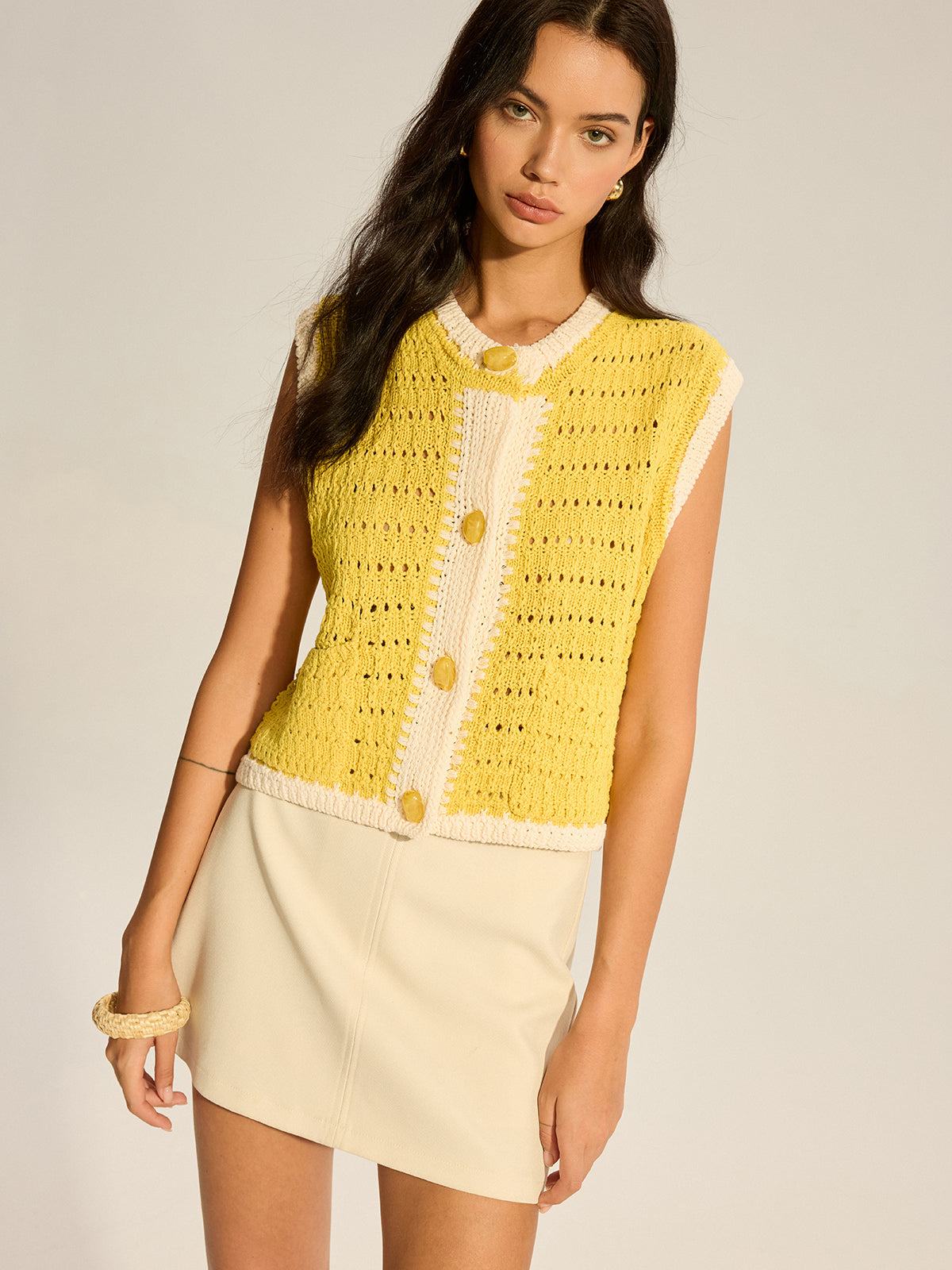 Crochet Knit Vest with Contrast Trim-Chicvia