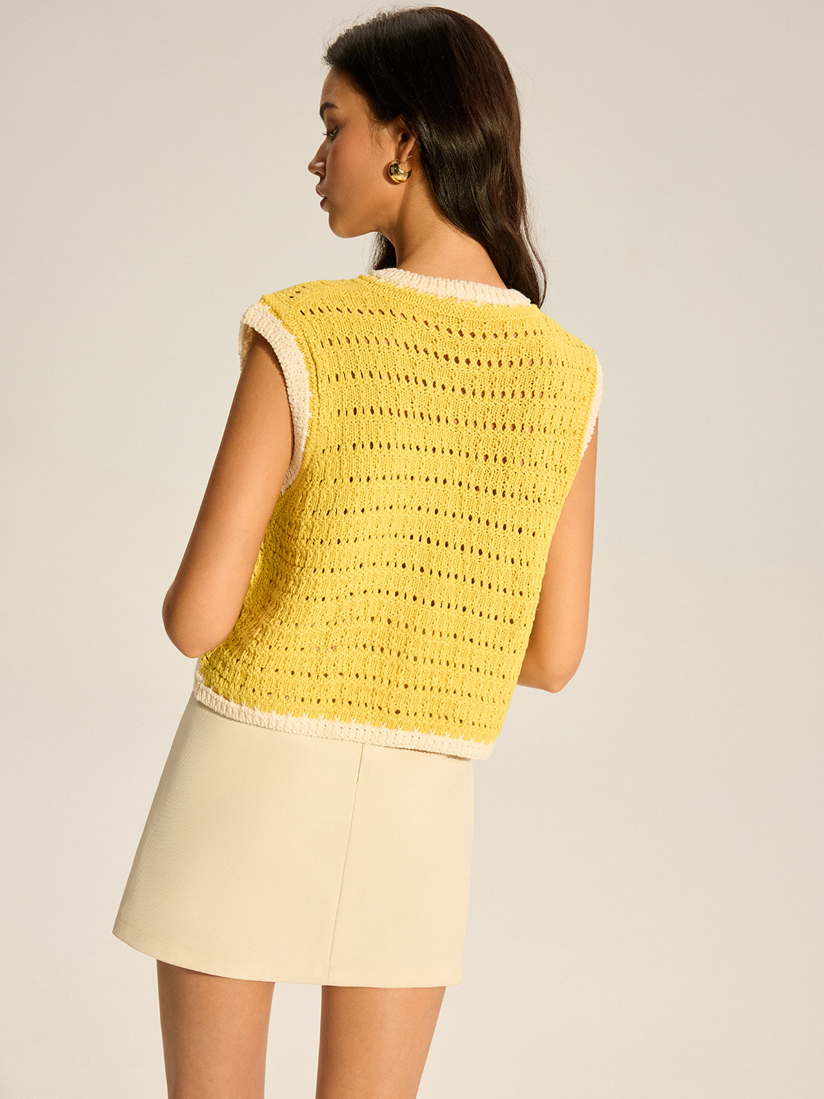Crochet Knit Vest with Contrast Trim-Chicvia