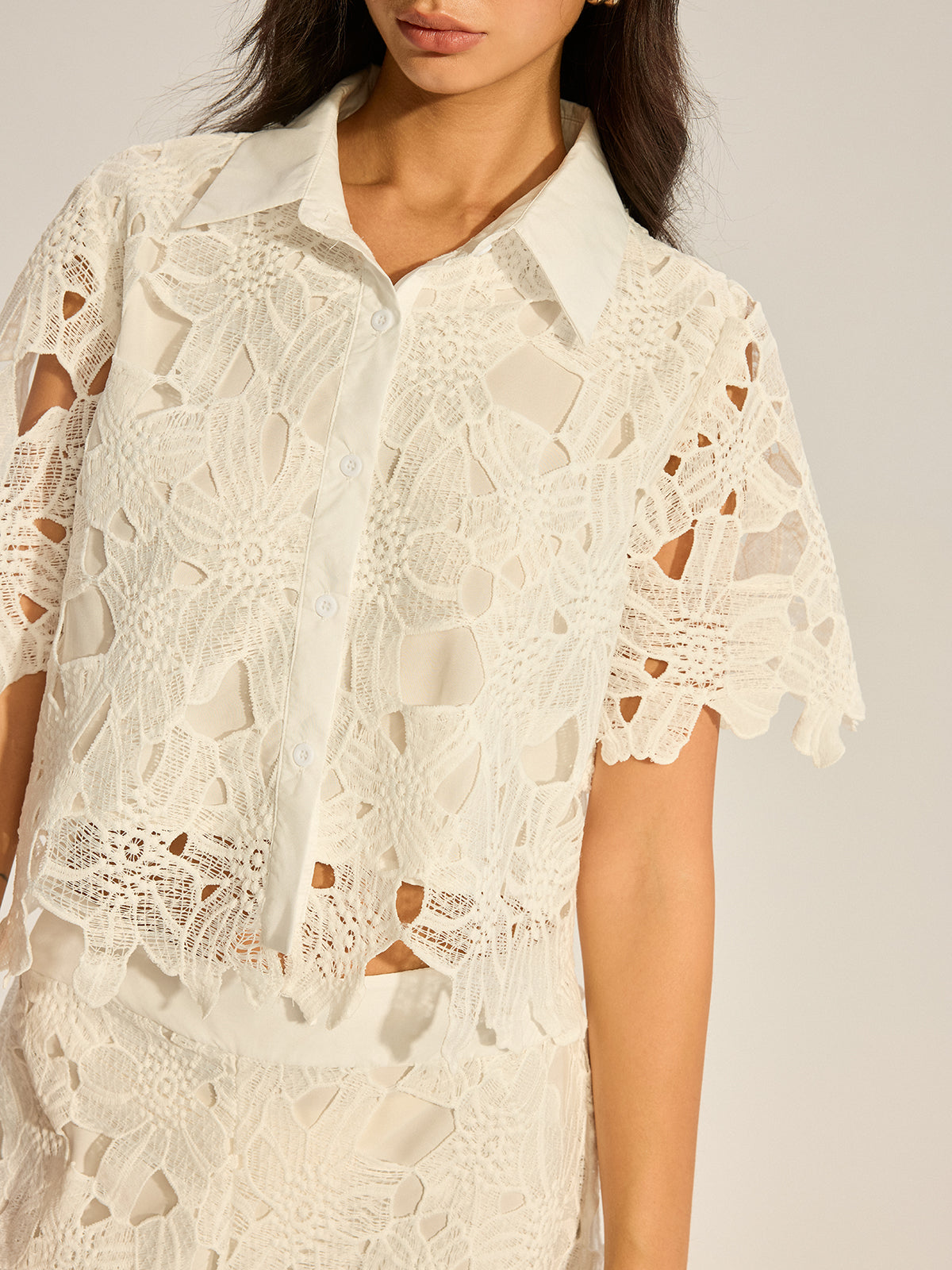 Lace Crochet Cut-Out Top and Wide-Leg Pants Set-Chicvia