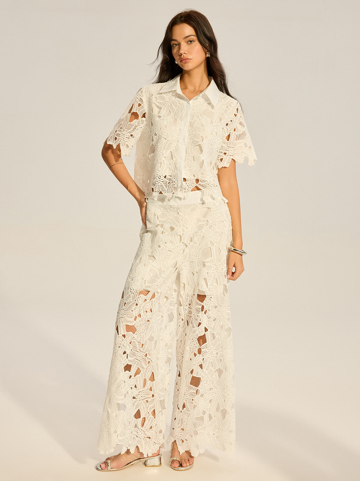Lace Crochet Cut-Out Top and Wide-Leg Pants Set-Chicvia
