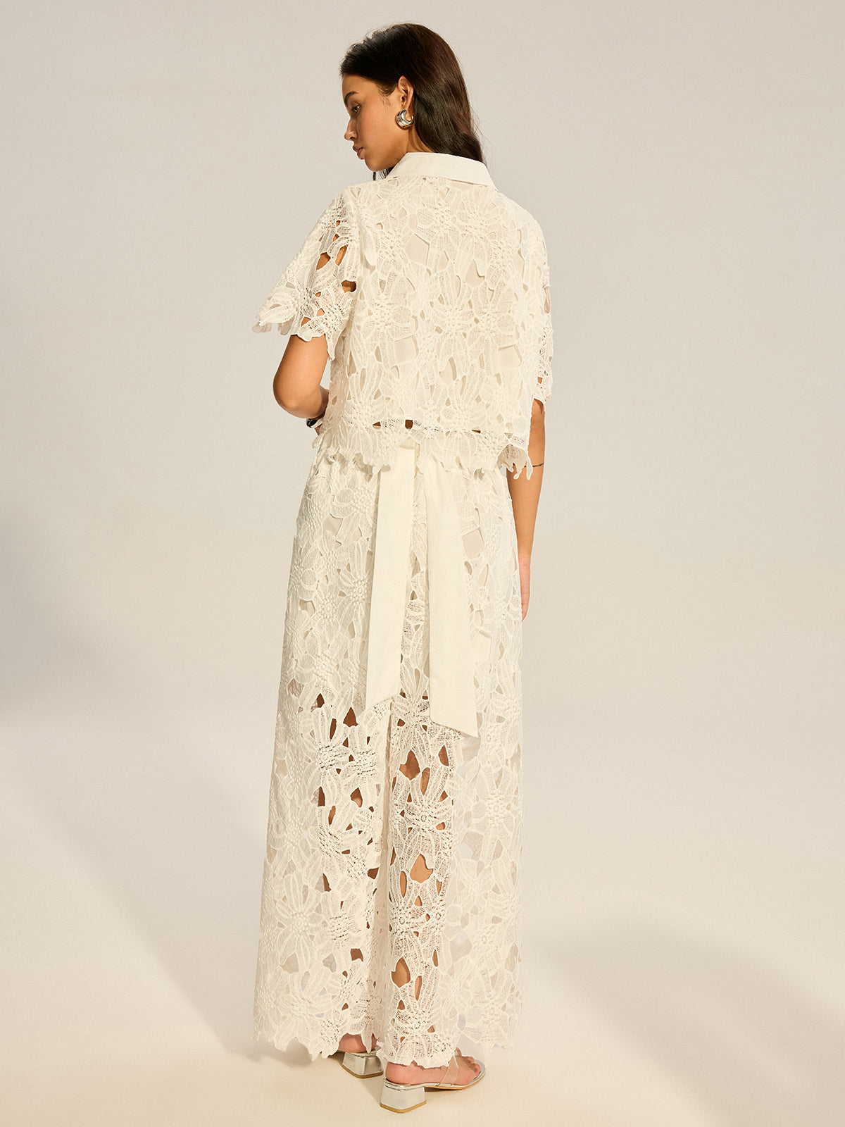 Lace Crochet Cut-Out Top and Wide-Leg Pants Set-Chicvia