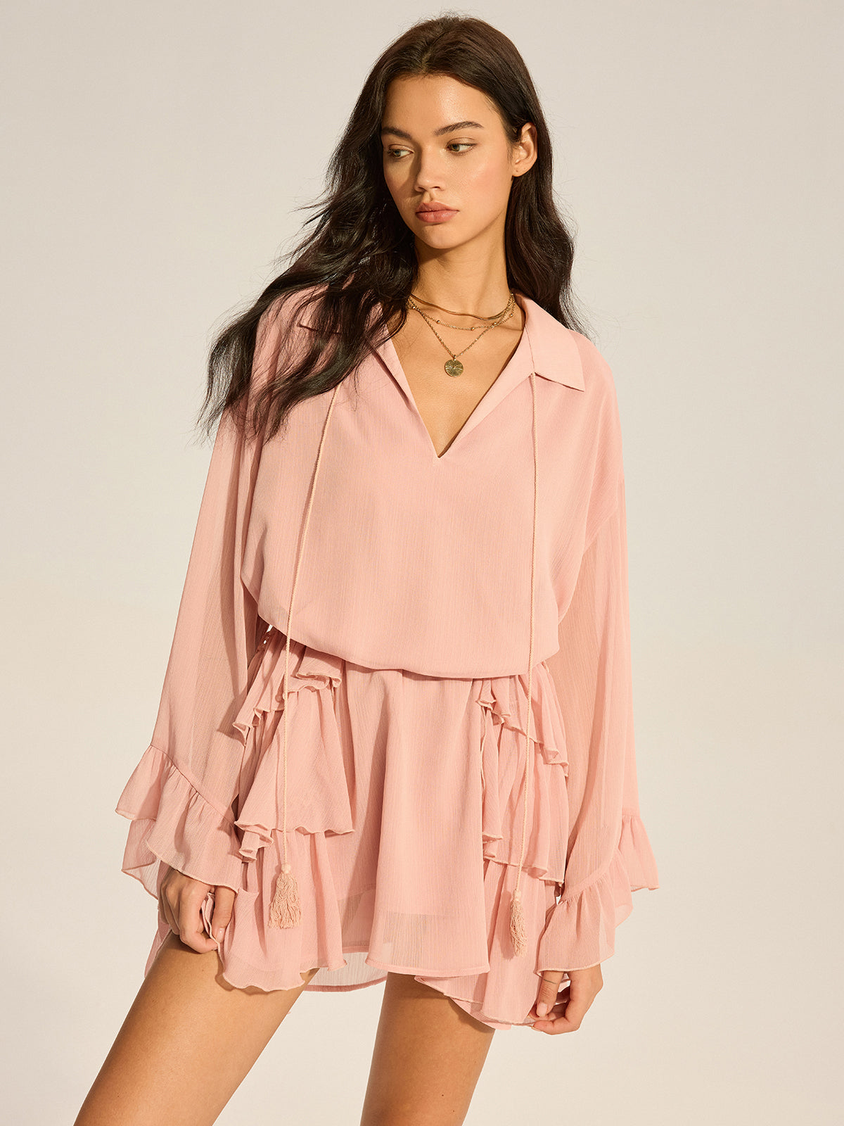 Chiffon Ruffled Mini Dress-Chicvia