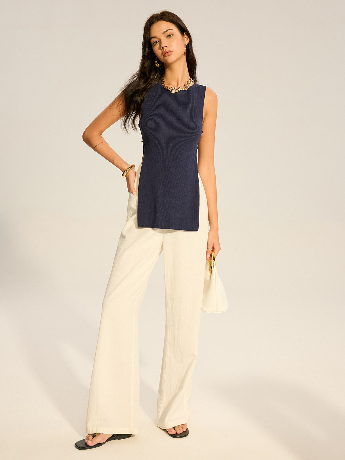Ribbed Sleeveless Top with Side Slit-Chicvia