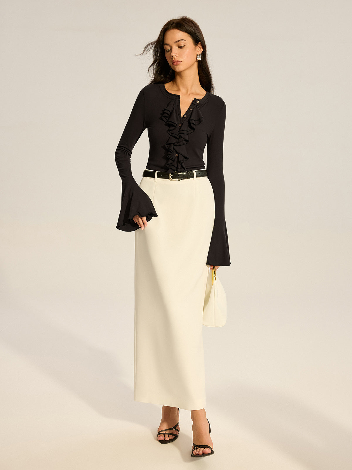 Flared Sleeve Ruffled Button T-Shirt-Chicvia