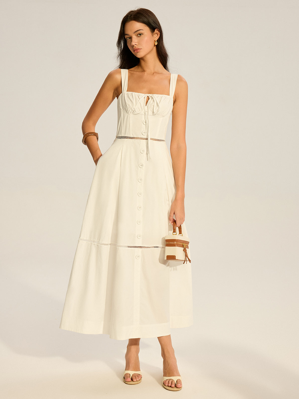 Lace Paneled Back-Tie Cotton Maxi Dress-Chicvia