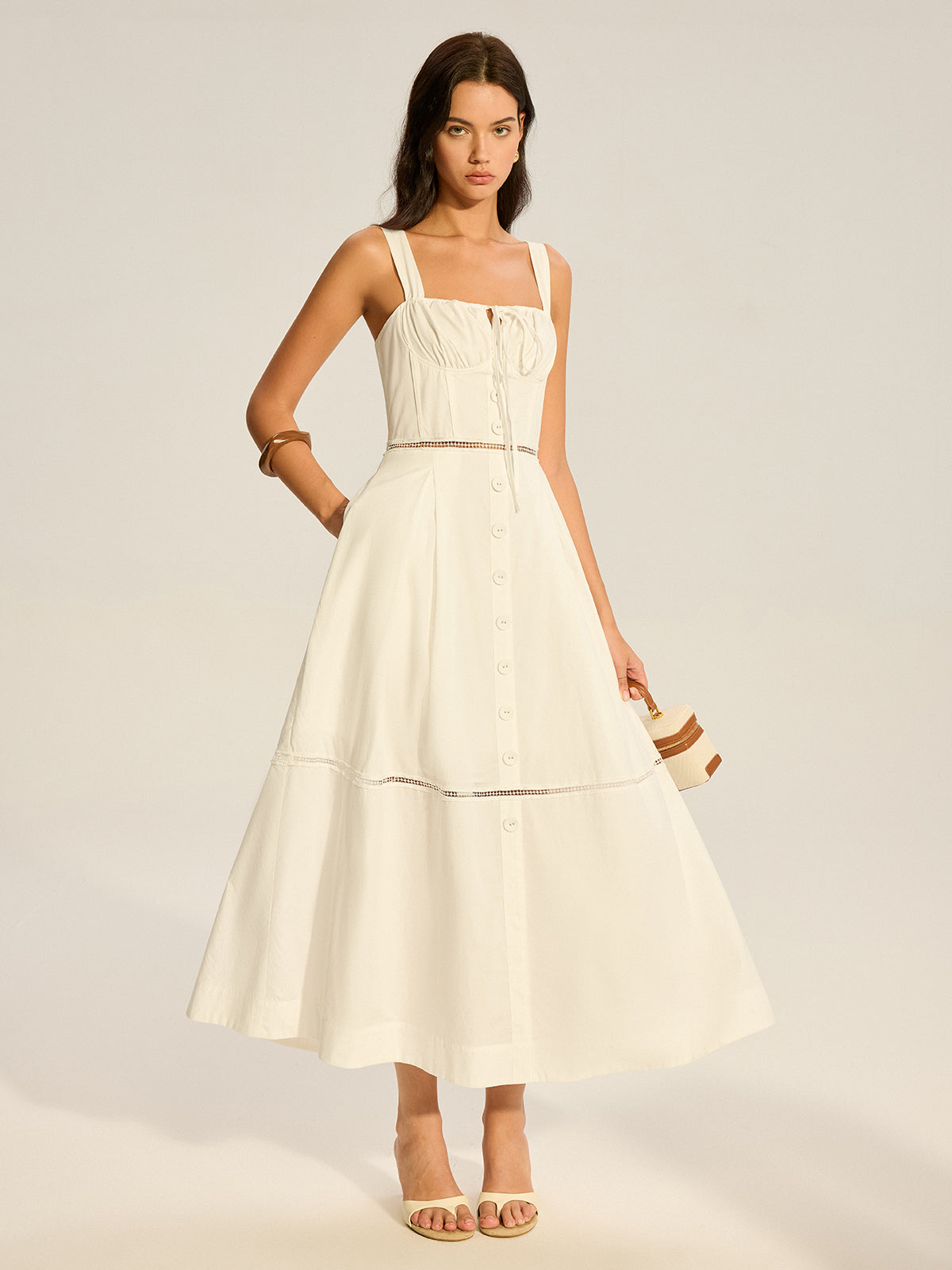 Lace Paneled Back-Tie Cotton Maxi Dress-Chicvia