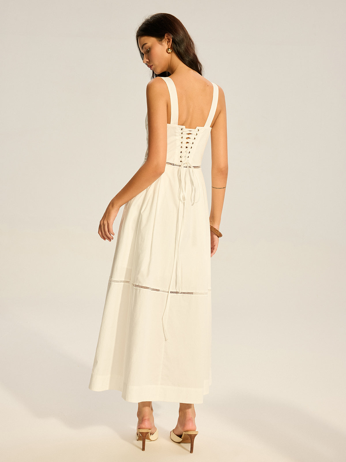 Lace Paneled Back-Tie Cotton Maxi Dress-Chicvia