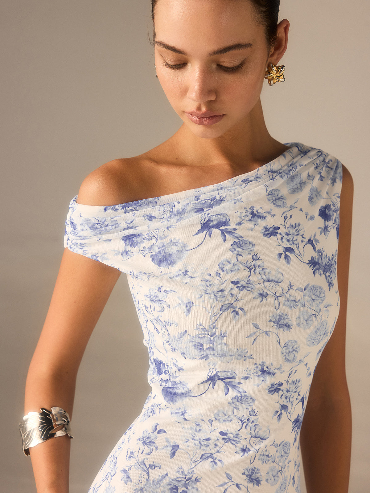 Floral Asymmetrical Drop Shoulder Maxi Dress-Chicvia