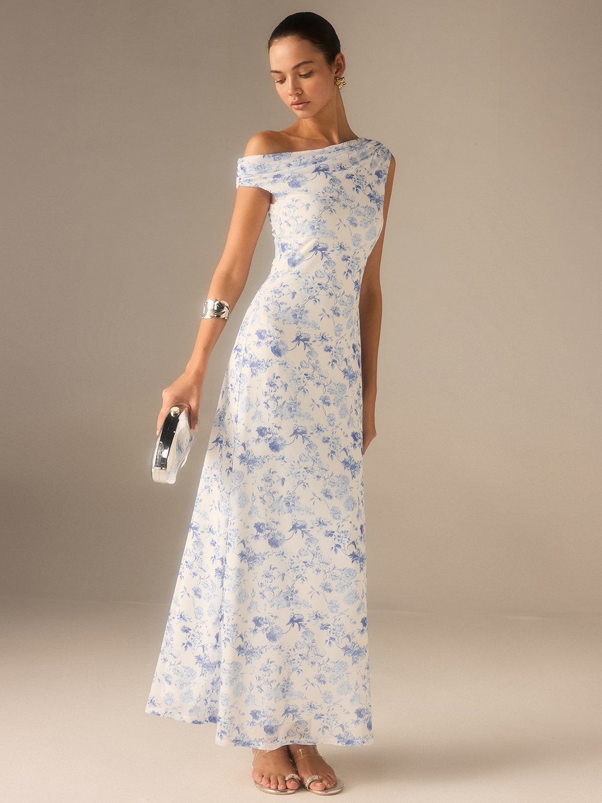 Floral Asymmetrical Drop Shoulder Maxi Dress-Chicvia