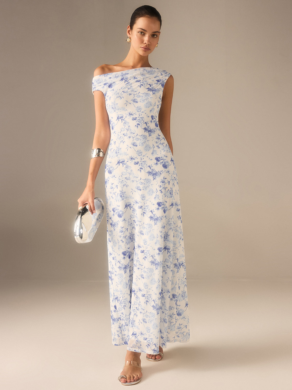 Floral Asymmetrical Drop Shoulder Maxi Dress-Chicvia