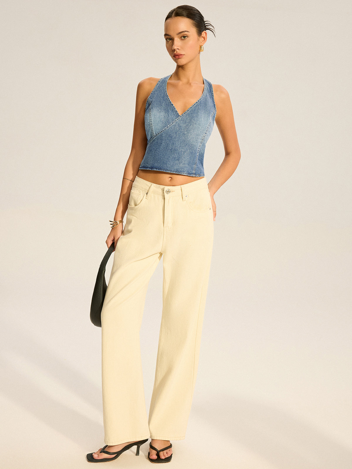Denim Halter-Neck Wrap Top with Back Bow Detail-Chicvia