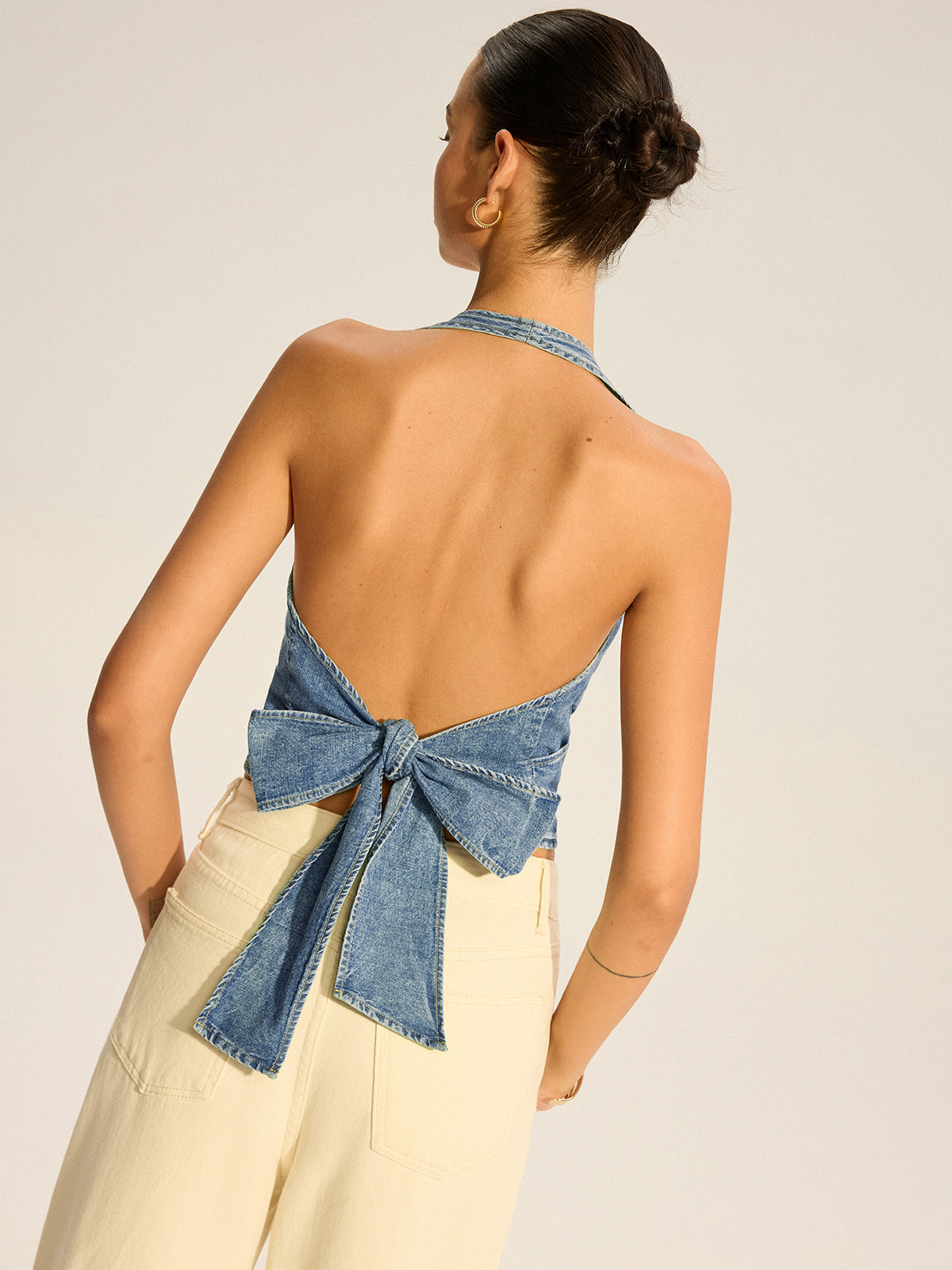 Denim Halter-Neck Wrap Top with Back Bow Detail-Chicvia