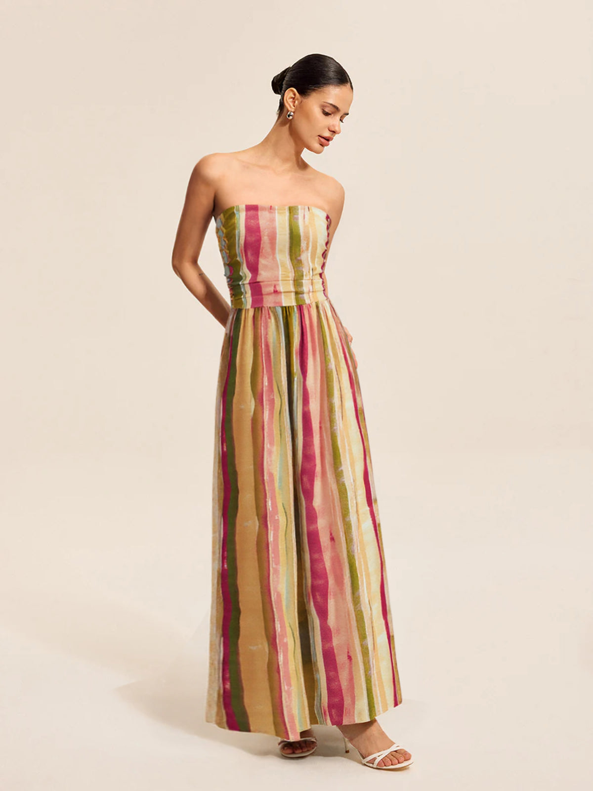 Colorful Striped Strapless Cotton Maxi Dress-Chicvia