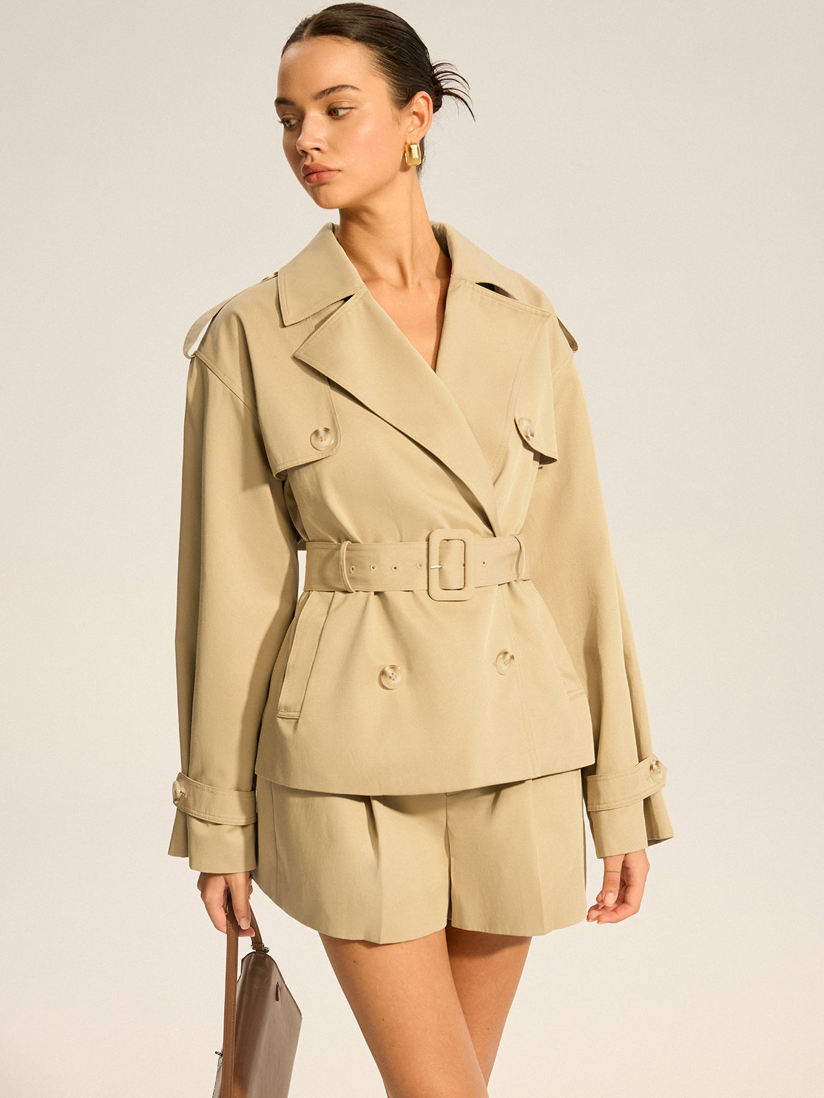 Cotton Blend Belted Double-Breasted Trench Coat-Chicvia