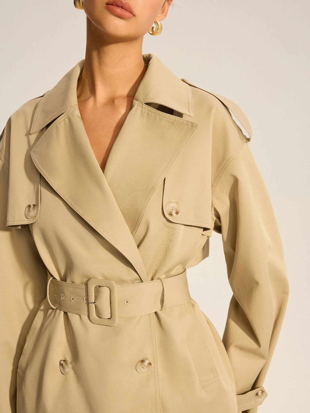 Cotton Blend Belted Double-Breasted Trench Coat-Chicvia