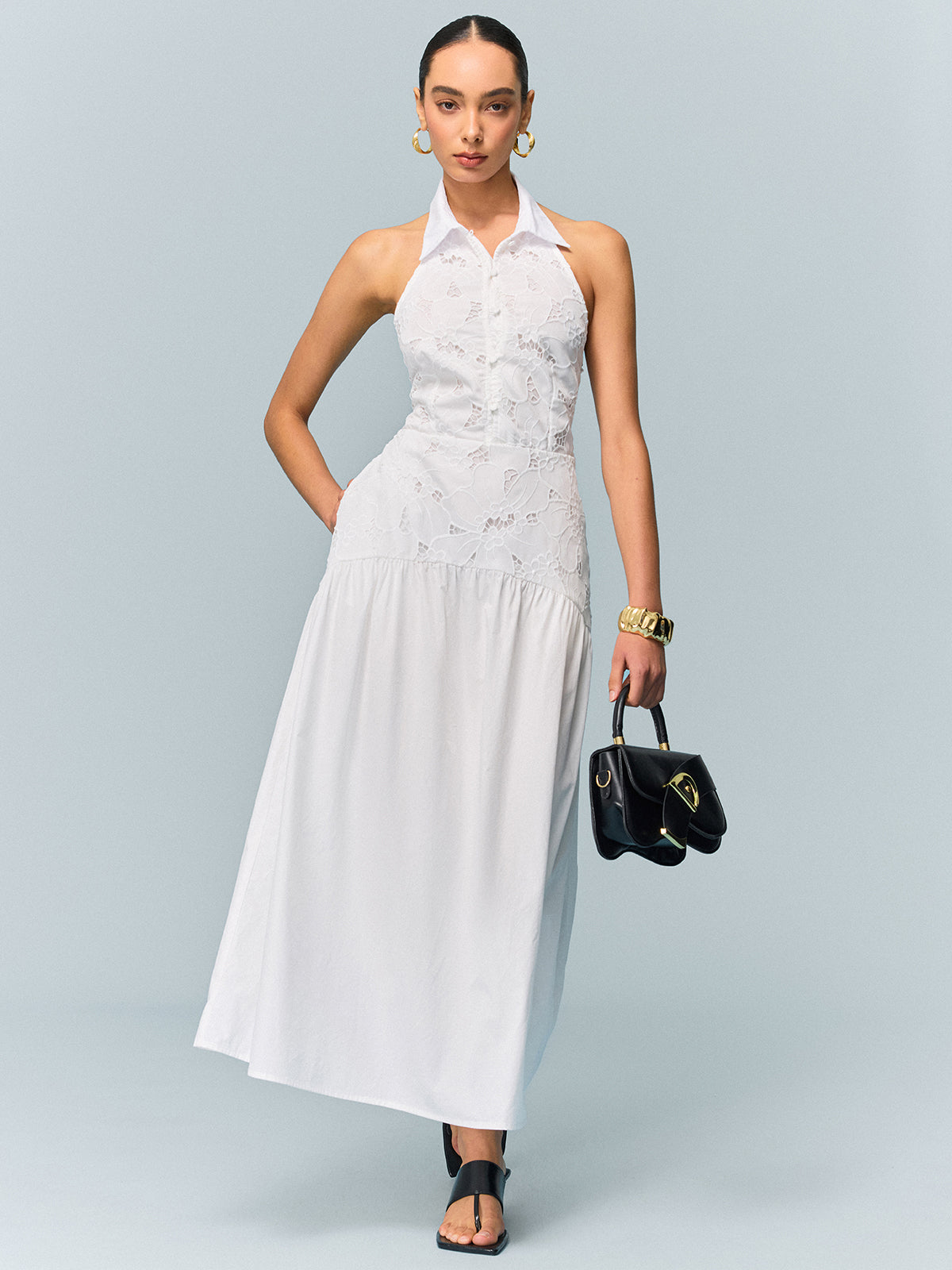 Pocketed Halter Neck Embroidered Dress with Non-Belted-Chicvia