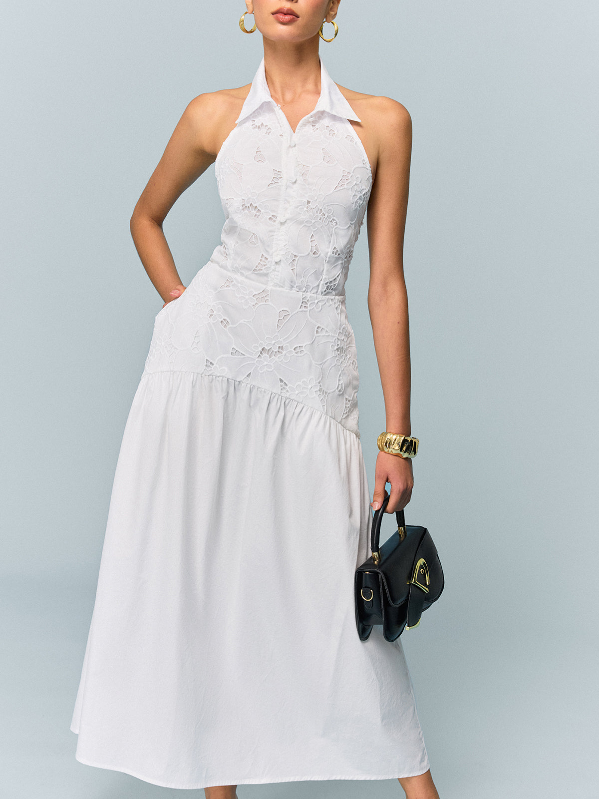 Pocketed Halter Neck Embroidered Dress with Non-Belted-Chicvia